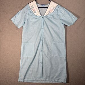 Dreamcrest House Dress Womens Size L Pastel Blue Gingham Plaid Pearl Snap MuuMuu